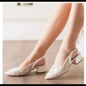 Ivory slingback mesh heels with floral appliques